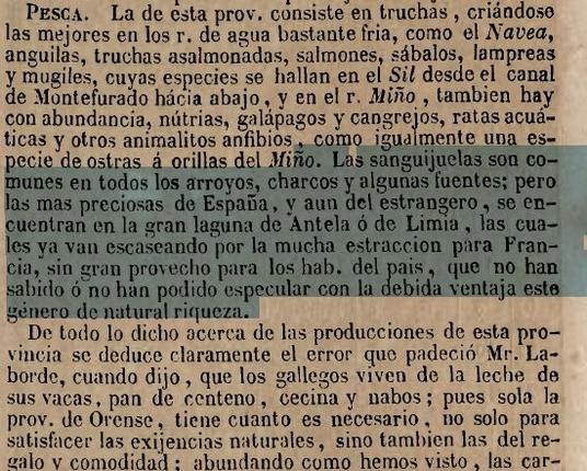Esta é unha entrada do Diccionario de Madoz, de mediados do século XIX, que amosa como as sambesugas de Antela eran moi apreciadas a nivel internacional, con exportación ata Francia