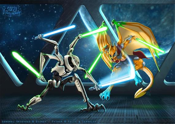 A digital coloured artwork showing General Grievous on the left and the Lynx-Dragon-Anthro Pythor on the right, they fight against each other with lightsabers.