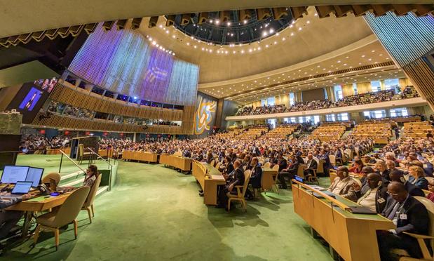 The UN General Assembly hall with members approving the Pact for the Future and Global Digital Compact.