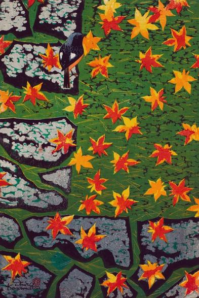 Orange and yellow Japanese maple leaves lie strewn across a rough stone path; healty green moss grows between the stones. A small bird stands on one of the stones, looking up at the viewer over their shoulder.