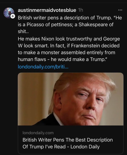 British writer pens a description of Trump. “He is a Picasso of pettiness; a Shakespeare of shit.. He makes Nixon look trustworthy and George W look smart. In fact, if Frankenstein decided to make a monster assembled entirely from human flaws - he would make a Trump.” 

The Best Description Of Trump I've Read - London Daily