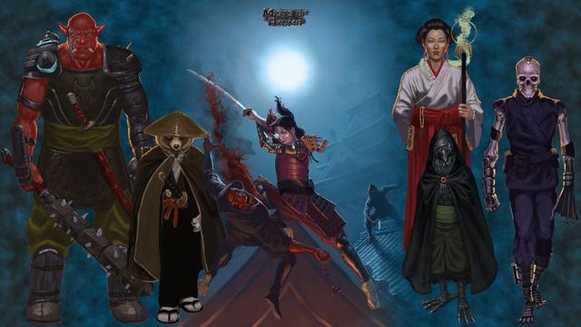 In the background are blue mists on either side of a samurai backlit by a pale moon, one of her eyes replaced by a lightning monocle and an arm prosthetic made of steel, cutting open a zombie ninja on the apex of a Japanese-style roof. Imposed in front of her from left to right are: a muscle bound hobgoblin warrior in power armor wielding a rotating tetsubo, a tanuki in a rice hat and cloak holding magic dice, a priestess with charms and a takahara staff with a snake spirit wound around it, a small cloaked birdfolk wearing an eye-shaped clasp, and an undead cyborg with a fan hand and steel prosthetic limbs. In the center at the top is a small title logo for Mists of Akuma.