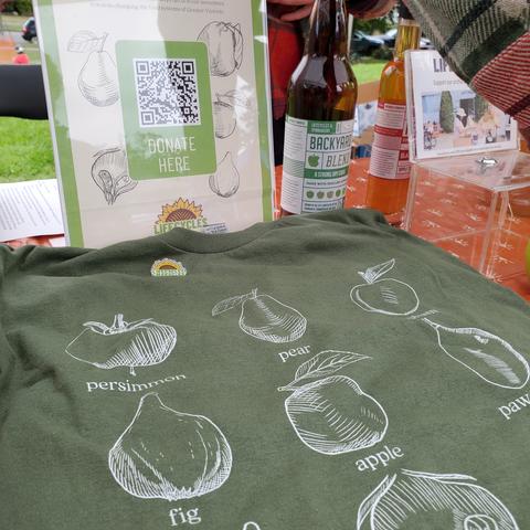 Fruits we grow at Welland Community Orchard & QR code to scan to donate to our local food security nonprofit.