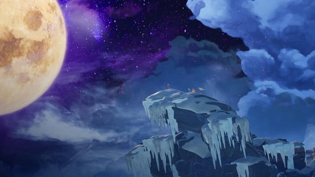 A snowy mountaintop cliff with a big yellowish full moon in the horizon on a dark but well light sky with the silhouette of the main characters tiny in the center