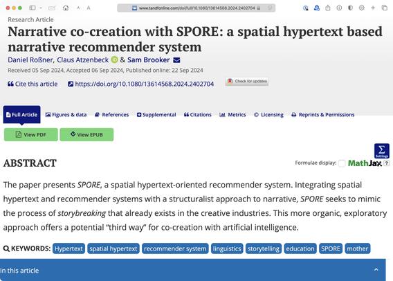 Screenshot of the NRHM journal webpage featuring the article titled "Narrative co-creation with SPORE: a spatial hypertext based narrative recommender system" by Daniel Roßner, Claus Atzenbeck, and Sam Brooker. The page includes publication details, authors' names, and a summary of the paper.