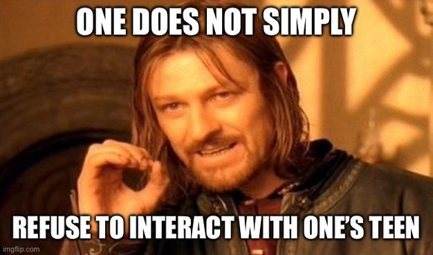 The “one does simply walk into Mordor” meme but Boromir is saying “one does not simply refuse to interact with one’s teen)
