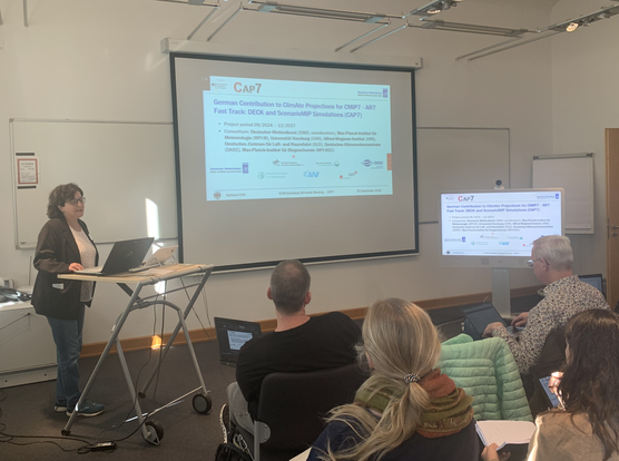 Dr. Barbara Früh of the German Weather Service presenting the new project CAP7, which she coordinates. The project will enable  German contribution to the Coupled Model Intercomparison Project Phase Seven.