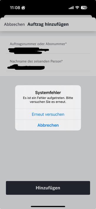 Screenshot der Bahn App zeigt einen Systemfehler beim Versuch, ein Ticket hinzuzufügen.