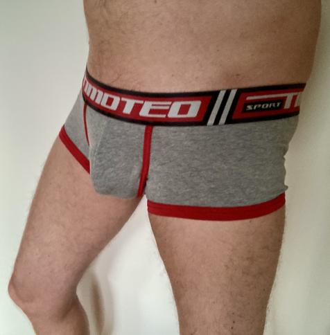 White male wearing grey Timoteo briefs with red detail