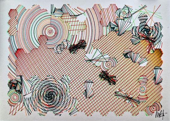 A deeply intricate pen plotter piece inspired by wave function collapse. Its dynamic, sweeping lines and swirling intersections echo the chaos of a mind struggling in the storm. The layers of lines symbolize descent, revealing the intricate, uncontrollable patterns of thought, emotion, and the universe. The artwork's abstract nature allows the viewer to feel the intensity of forces beyond control, blending physical and mental states into one visual narrative.
