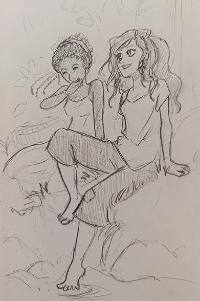 Petit croquis de vie montrant deux adolescentes, Micaiah et Isée, assises dans l'herbe, Micaiah a un orteil qui touche l'eau. Elles rigolent et passent un bon moment dans la forêt, à profiter d'un jour d'été loin des ennuis familiaux.