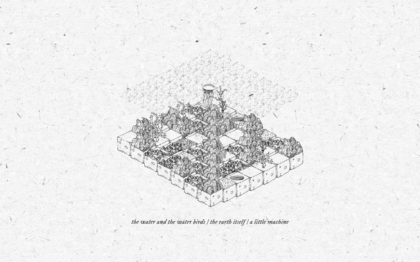 A jellyfish floating over a black and white, isometric ground of the sea. A label says "the water and the water birds / the earth itself / a little machine".
