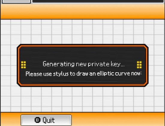 Nintendo DS system menu displaying the message:
Generating new private key… Please use stylus to draw an elliptic curve now: