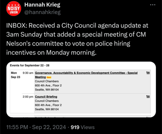 INBOX: Received a City Council agenda update at 3am Sunday that added a special meeting of CM Nelson's committee to vote on police hiring incentives on Monday morning.