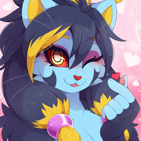Bust drawing of an anthro luxray (pokémon) original character, wingking and doing a "korean heart" symbol with her hand.