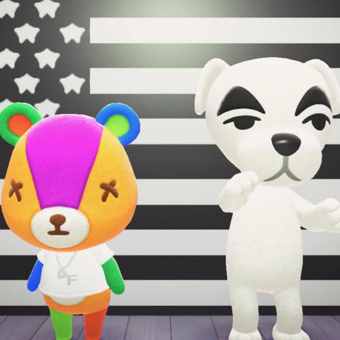 Animal Crossing: New Horizons screenshot. Image shows Stitches wearing a white t-shirt with a silver chain that says "DF" at the end and KK Slider with his arms out and his eyes partially squinted standing in front of an American flag with all the color removed and only black and white. It is intended to look like the Outkast album cover for Stankonia.