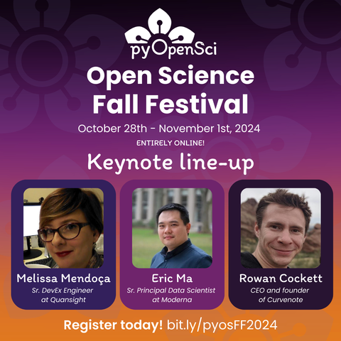 A dark purple to orange gradient running top to bottom, with light purple flowers overlaid. In the bottom left is a playful black cat. The text reads: pyOpenSci Open Science Fall Festival October 28th–November 1st, 2024. Entirely online! Keynote line-up. There are then three photos of keynote speakers, with their names and positions beneath them. Melissa Mendoça, Sr. DevEx Engineer at Quansight, Eric Ma, Sr. Principal Data Scientist at Moderna, Rowan Cockett, CEO and Founder of Curvenote. Register today! https://bit.ly/pyosFF2024