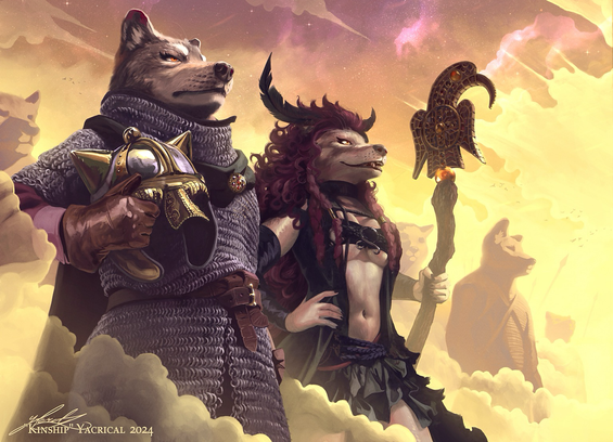Two goths standing side by side. One is dressed in chainmail armour and the other is wearing black robes and a staff