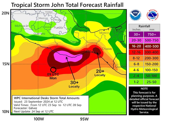 Map showing 30+ inches of rain in parts of Oaxaca, Mexico from Tropical Storm John