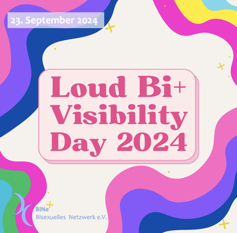 Im Hintergrund wellenförmige Pride-Fahnen: links unten polysexuell, rechts oben pansexuell, in den beiden anderen Ecken bisexuell.

Im Vordergrund "Loud Bi+ Visibility Day 2024"