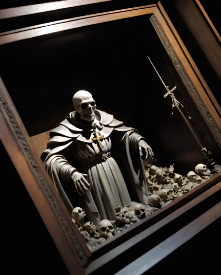 an oblique photographic depiction of a display box featuring a skeletal humanoid form in a fantasy version of (possibly Catholic) vestments knee-deep in humanoid skulls