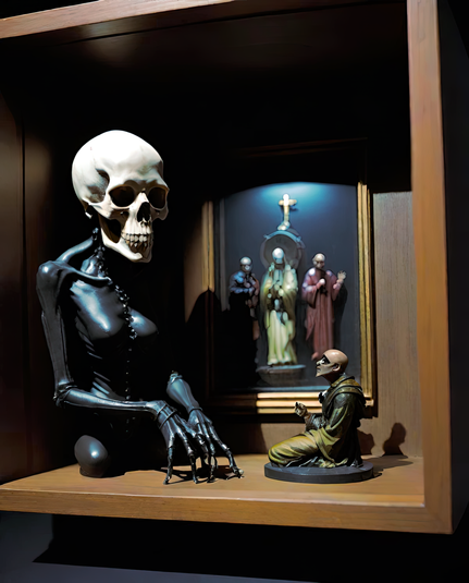 an oblique photographic depiction of a display box featuring a humanoid figurine  (side view) kneeling in front of a relatively enormous skeletal figure with a miniature religious painting in the background