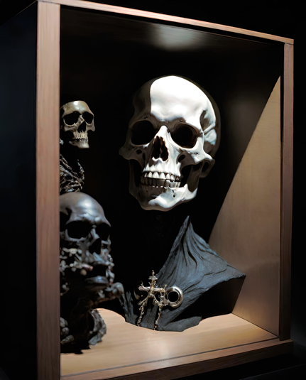 an oblique photographic depiction of a display box with a number of skeletal humanoid busts