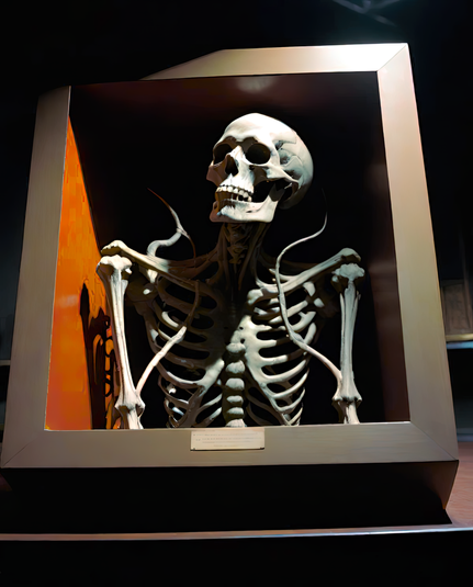 a photographic depiction of a display box featuring an upper portion of a humanoid skeletal figure