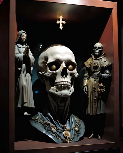 a photographic depiction of a display box containing to religious figurines, one with a skeletal head, and a central skeletal bust beneath a small cross