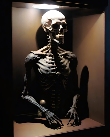 a photographic depiction of a display box with an interior light and harsh shadows revealing the upper portion of a skeletal humanoid figure