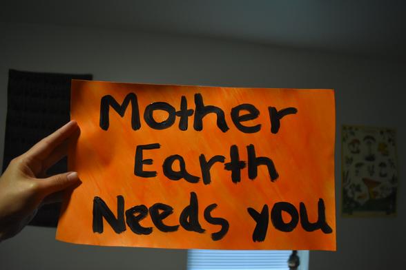 An art piece that reads: Mother Earth Needs You 
The background is painted in acrylic orange, and the letters are painted in black acrylic.