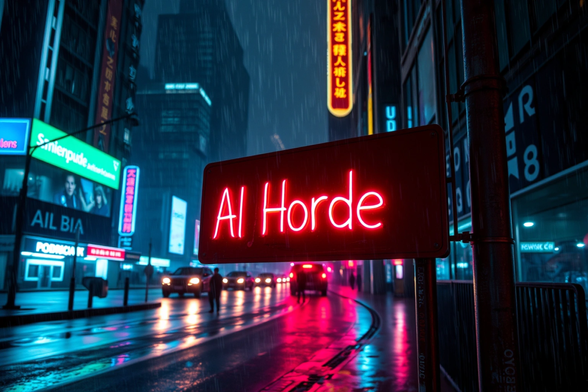 A dystopian cyberpunk cityscape during the rain in the night. AI Horde is written in bright neon letters on a faded signpost.