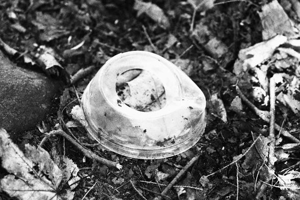 A clear plastic lid for a coffee cup sits upon the ground surrounded by twigs and leaves - a medium shot.