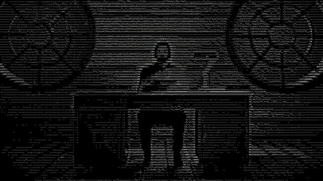 ASCII art of a man sitting on a desc in black and white in a wooden shack with 2 big windows