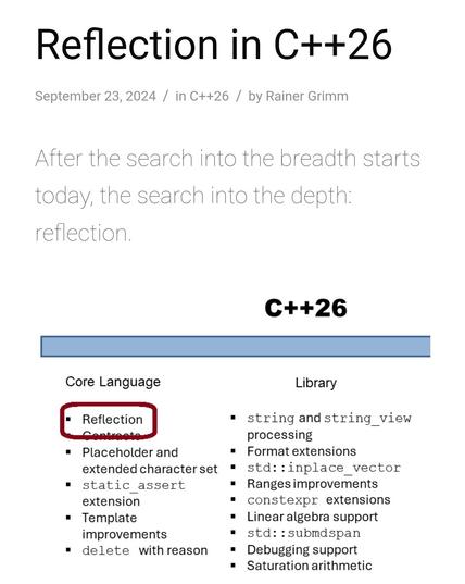 A screenshot from the linked article titled "Reflection in C++26", showing reflection as one of the bullet points listed in the "Core Language" section