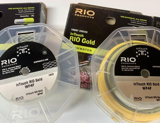 Two packages of Rio InTouch Gold fly lines - one with an older line that’s not on the plastic spool since it’s currently on my reel, and the other newly purchased, still on the plastic spool.