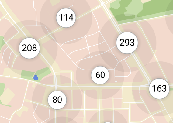 StreetComplete app screen grab showing quest clusters; map data © OpenStreetMap