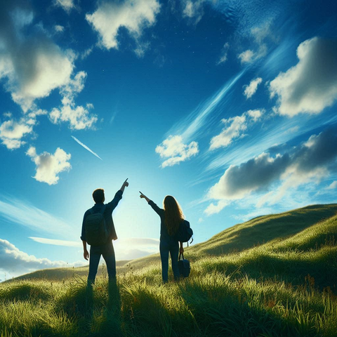 Computer-generated image of two people on a grassy hill pointing at the sky