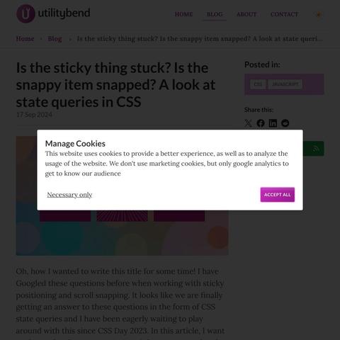 Screenshot of Is the sticky thing stuck? Is the snappy item snapped? A look at state queries in CSS