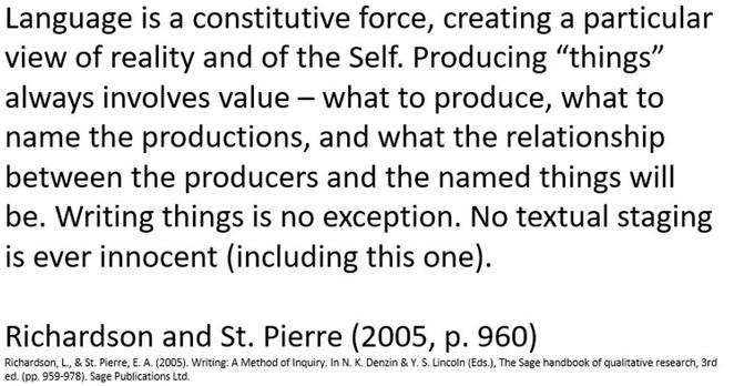 Language is a constitutive force, creating a particular view of reality and of the Self. Producing “things” always involves value – what to produce, what to name the productions, and what the relationship between the producers and the named things will be. Writing things is no exception. No textual staging is ever innocent (including this one).

Richardson and St. Pierre (2005, p. 960)
Richardson, L., & St. Pierre, E. A. (2005). Writing: A Method of Inquiry. In N. K. Denzin & Y. S. Lincoln (Eds.), The Sage handbook of qualitative research, 3rd ed. (pp. 959-978). Sage Publications Ltd.