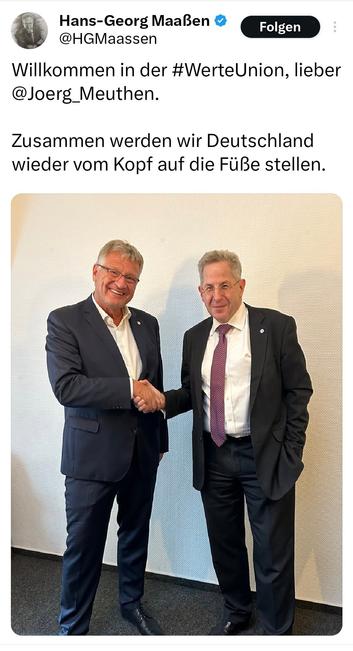 Hans-Georg Maaßen @ @HGMaassen Willkommen in der #WerteUnion, lieber @Joerg_Meuthen.

Zusammen werden wir Deutschland wieder vom Kopf auf die Füße stellen.