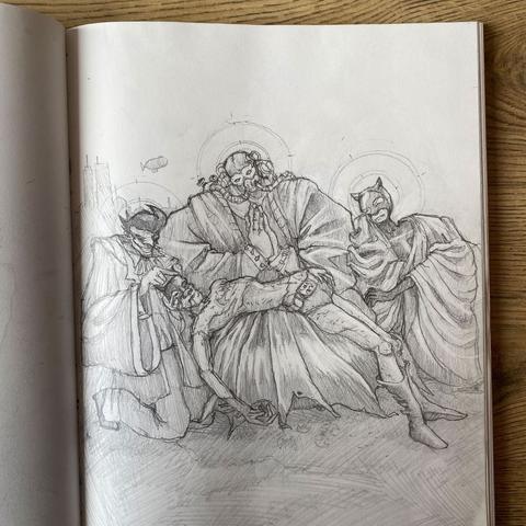 Dibujo en lápiz de Batman como si fuera un retrato de Jesus muerto, está en el regazo de Bane, el Joker esta de un lado y Catwoman del otro