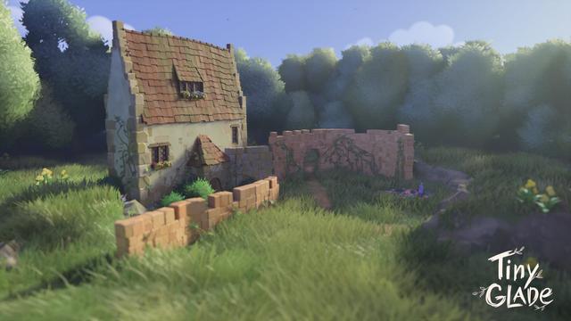 A serene, daytime scene from the game "Tiny Glade." It shows a quaint stone house with a sloped tile roof, surrounded by tall grass and a small brick wall. Trees in the background create a peaceful, sunlit atmosphere, enhanced by soft shadows and vibrant colors.