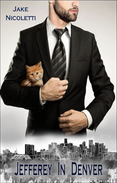 book cover. a man in a suit carrying a cat, the Denver skyline in the foreground