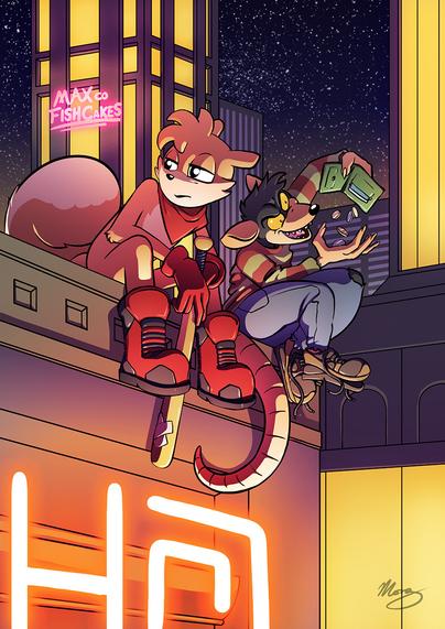 Shortfuse the Squirrel and Vermin the rat sit on the roof off a tall building at night. Shorty is looking forlornly into the distance, holding a baseball bat. Vermin is gleefully emptying the contents of a wallet into his hands.