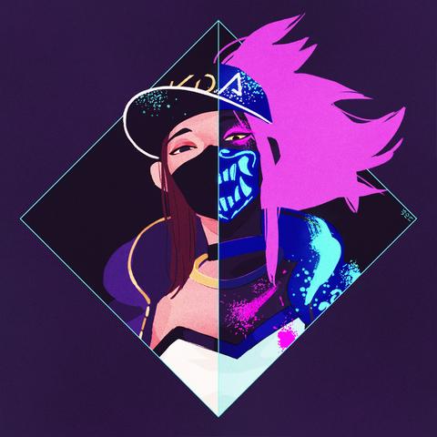 Fanart portrait drawing of Akali from League of Legends. She's framed in an angled square/diamond split in half, left and right side contrasting different looks, left is original and right is bright neon pink/blue.