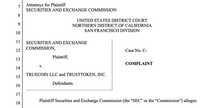 SEC vs. TRUECOIN LLC and TRUSTTOKEN, INC