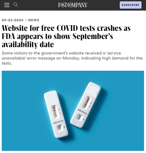 Website for free COVID tests crashes as FDA appears to show September’s availability date
Some visitors to the government’s website received a ‘service unavailable’ error message on Monday, indicating high demand for the tests.
