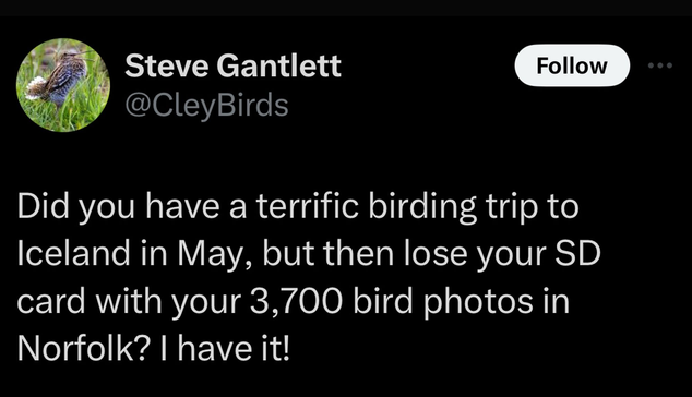 . D Did you have a terrific birding trip to Iceland in May, but then lose your SD card with your 3,700 bird photos in Norfolk? | have it!