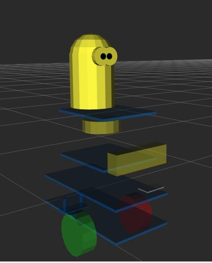Robot GoPi5Go-Dave visualized in Rviz2 from his new URDF file.  Minion Dave is depicted by a dome topped yellow cylinder with goggles and black eyes.  The robot is depicted by four horizontal blue platforms with a yellow LIDAR, and yellow Oak-D-W stereo depth camera on the front